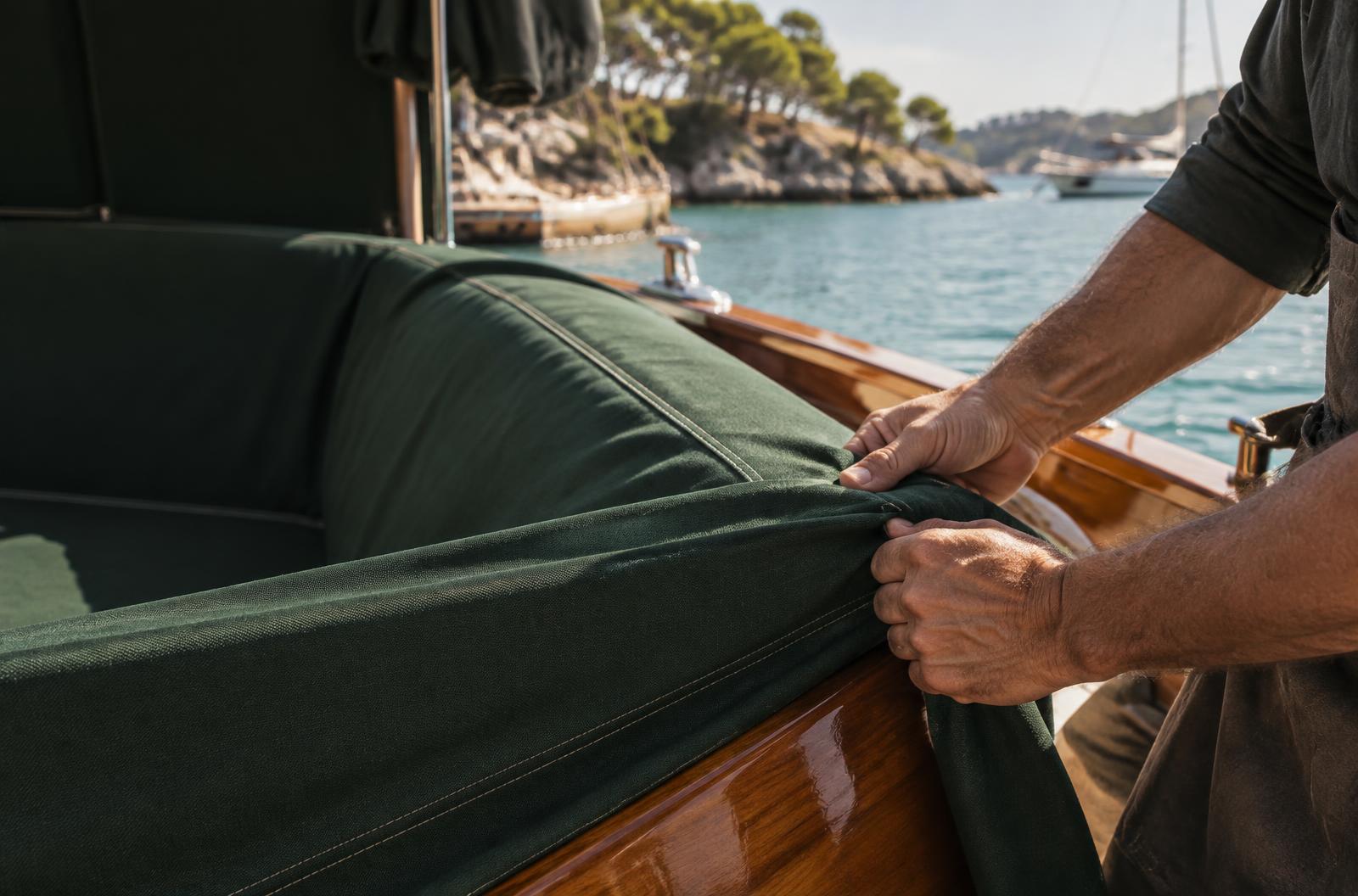 Craftsperson tailoring a marine cushion beside the water